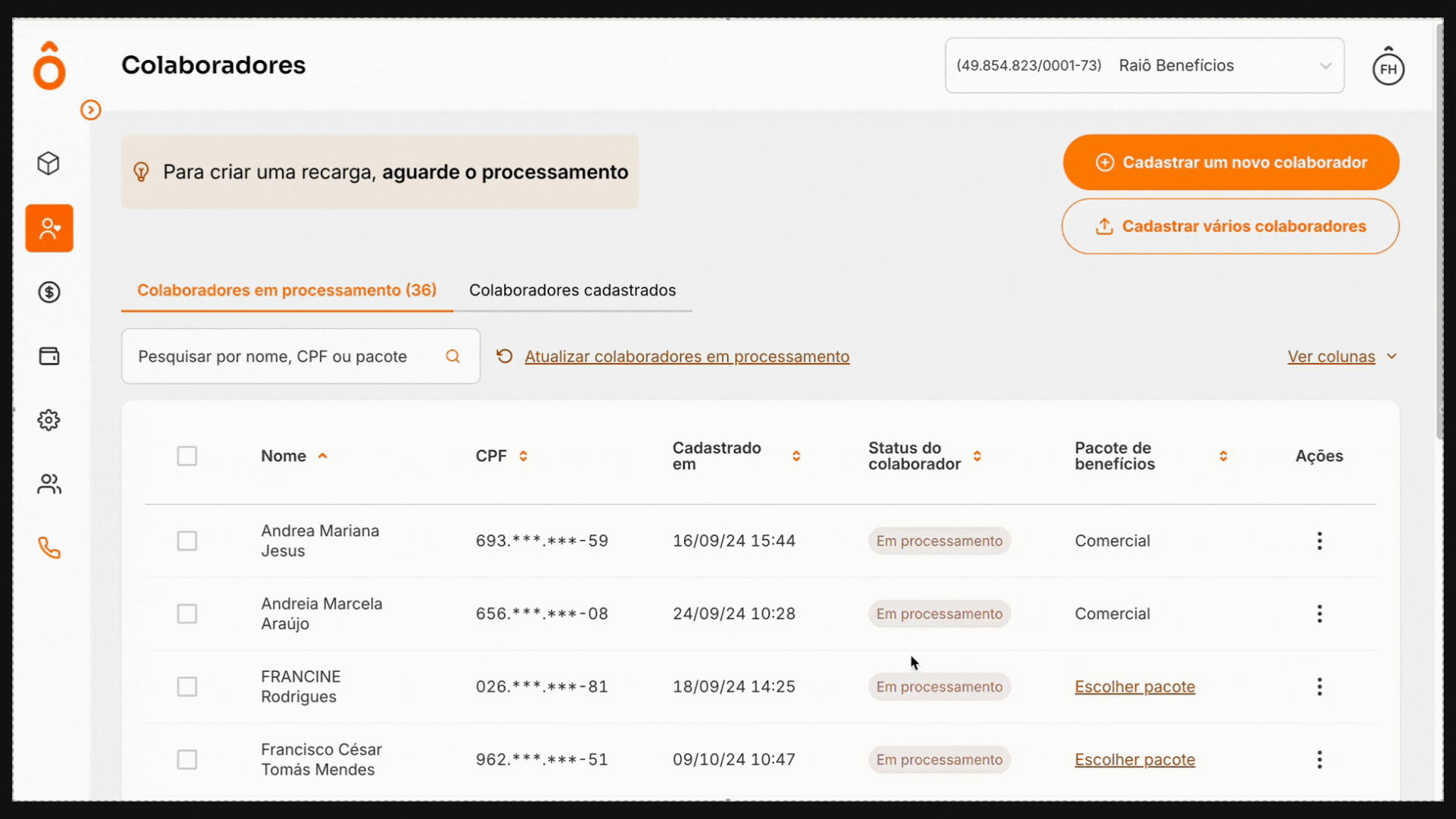 13. Entrega de cartão na casa do colaborador - cadastro individual