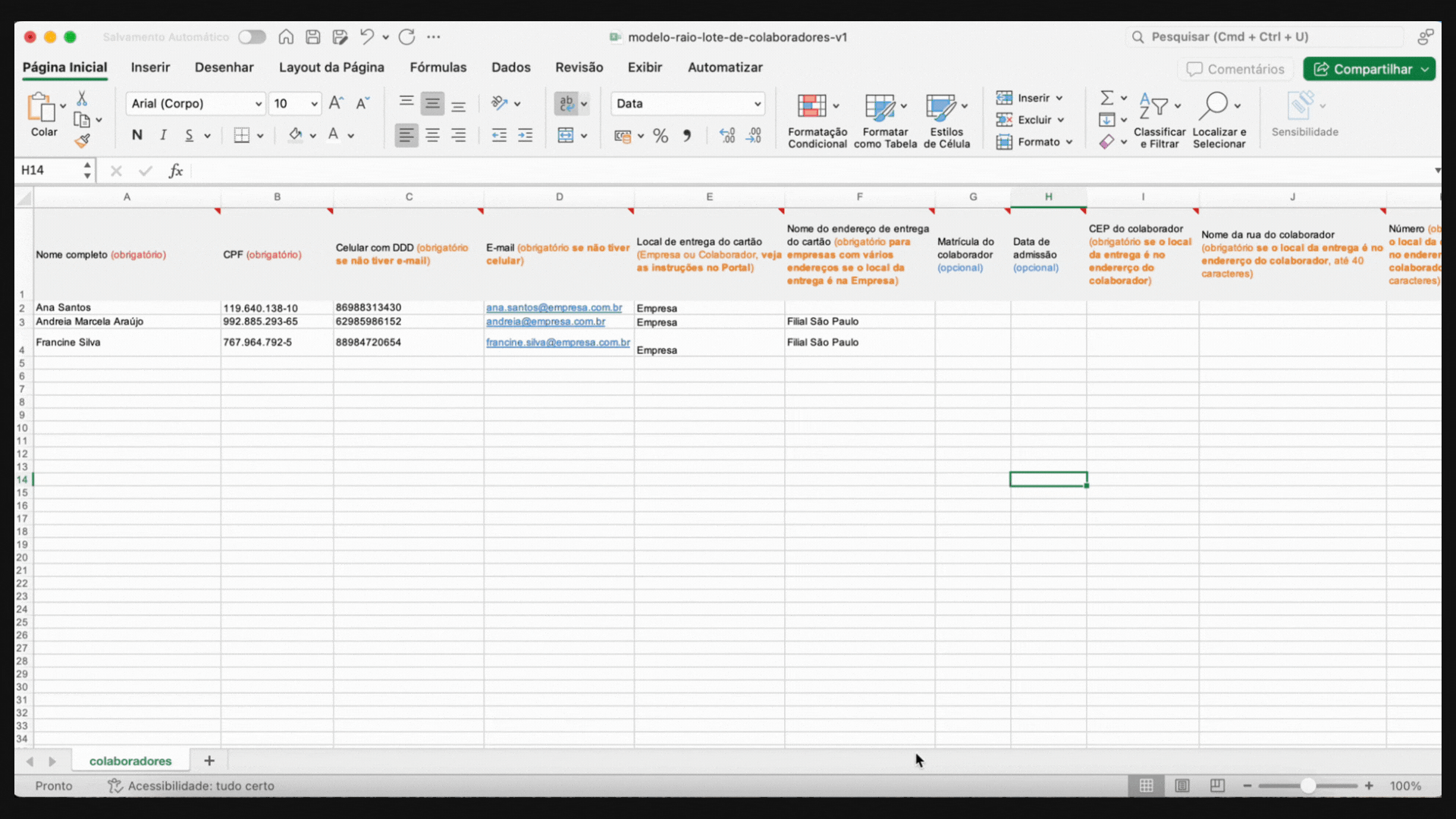14. Entrega de cartão na casa do colaborador - cadastro planilha