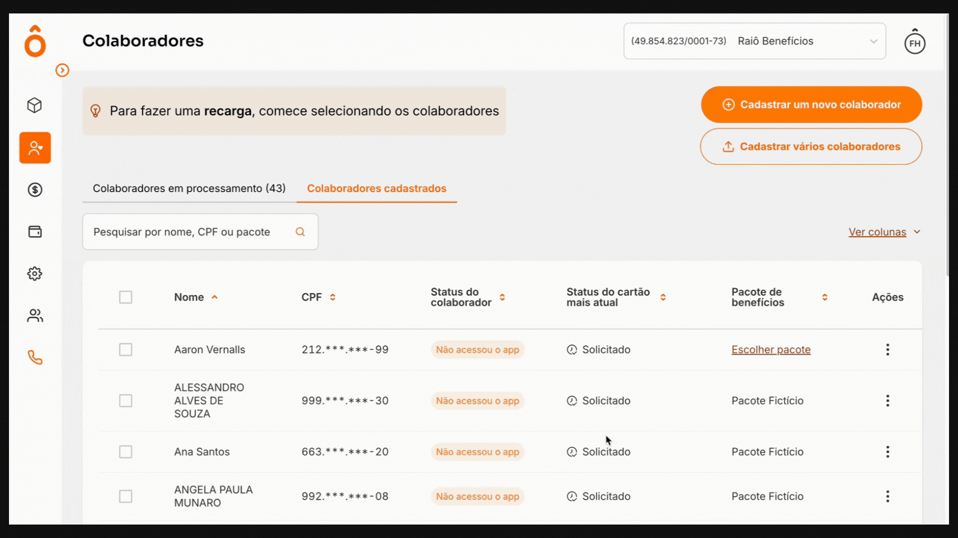 23. Cadastrar colaboradores em pacote de benefícios